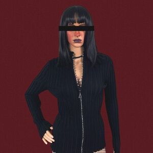 Black ribbed gemstone zip up long sleeve top